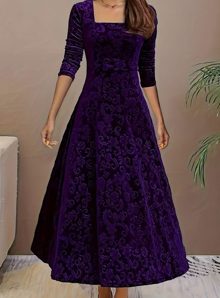 Josephine | Floral Embossed Square-Neck Velvet Dress for Holiday Parties