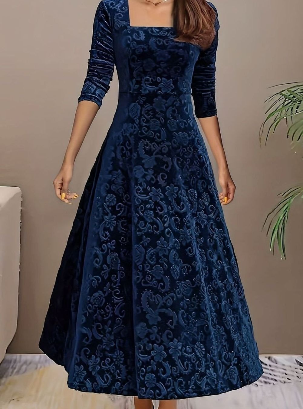 Josephine | Floral Embossed Square-Neck Velvet Dress for Holiday Parties