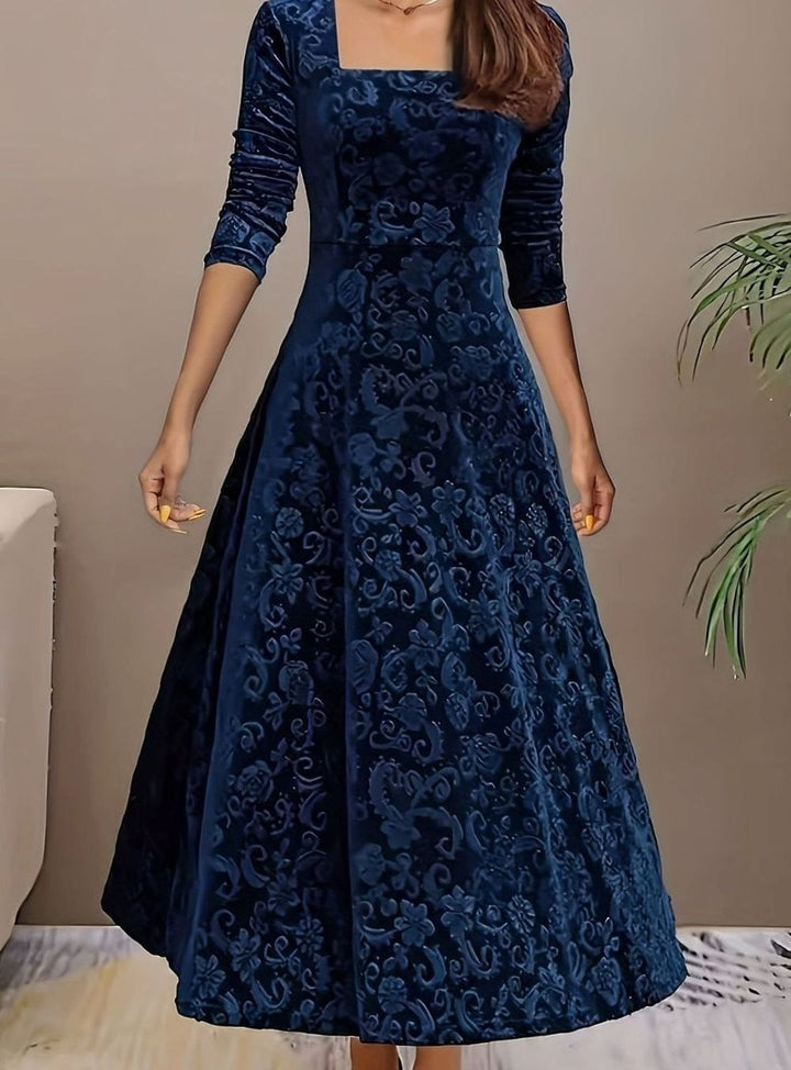 Josephine | Floral Embossed Square-Neck Velvet Dress for Holiday Parties