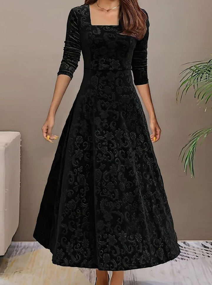 Josephine | Floral Embossed Square-Neck Velvet Dress for Holiday Parties