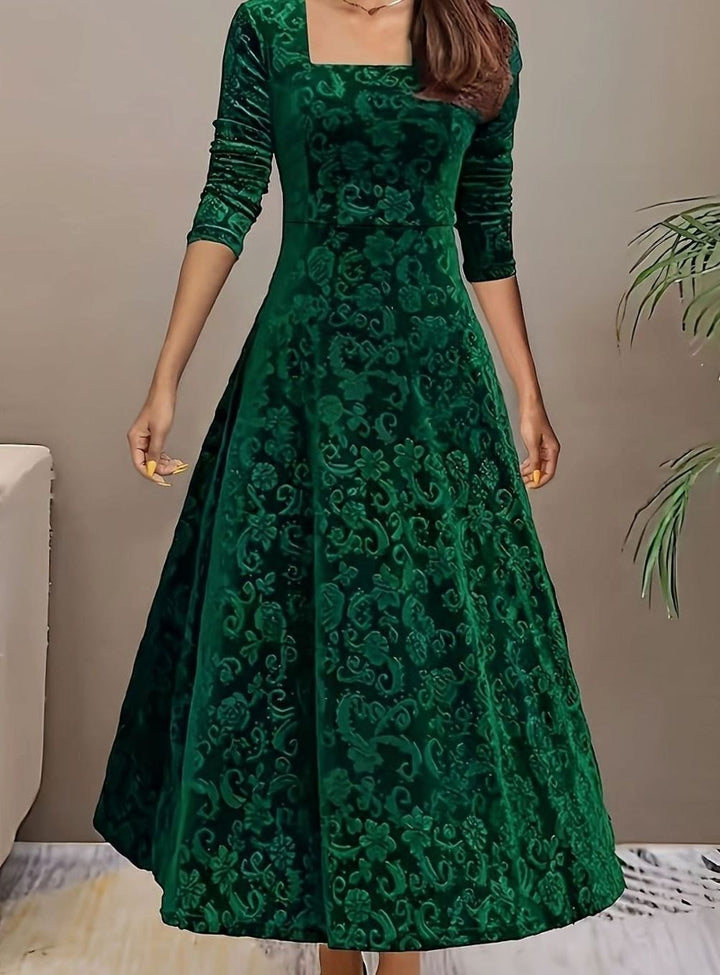 Josephine | Floral Embossed Square-Neck Velvet Dress for Holiday Parties