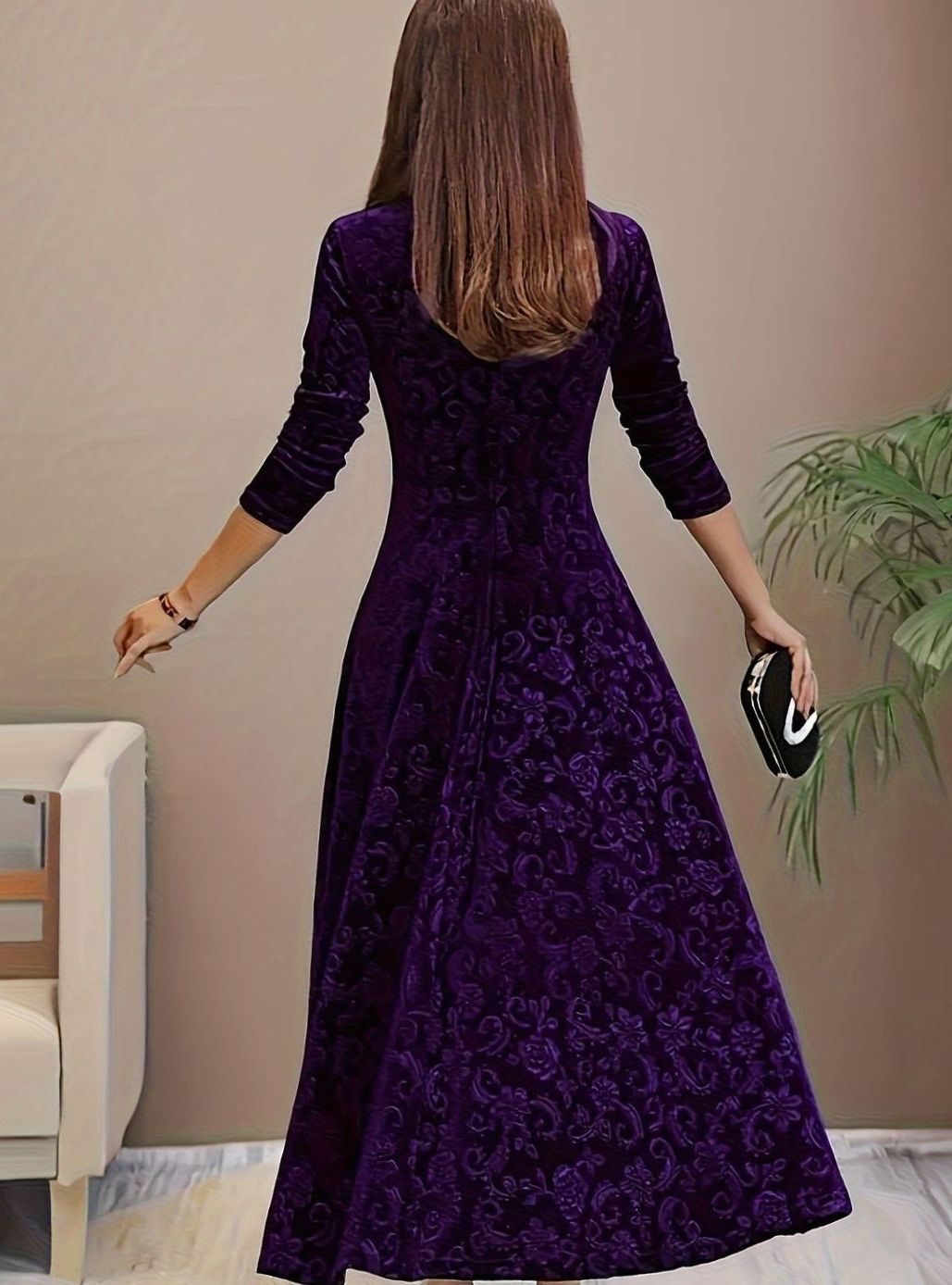Josephine | Floral Embossed Square-Neck Velvet Dress for Holiday Parties