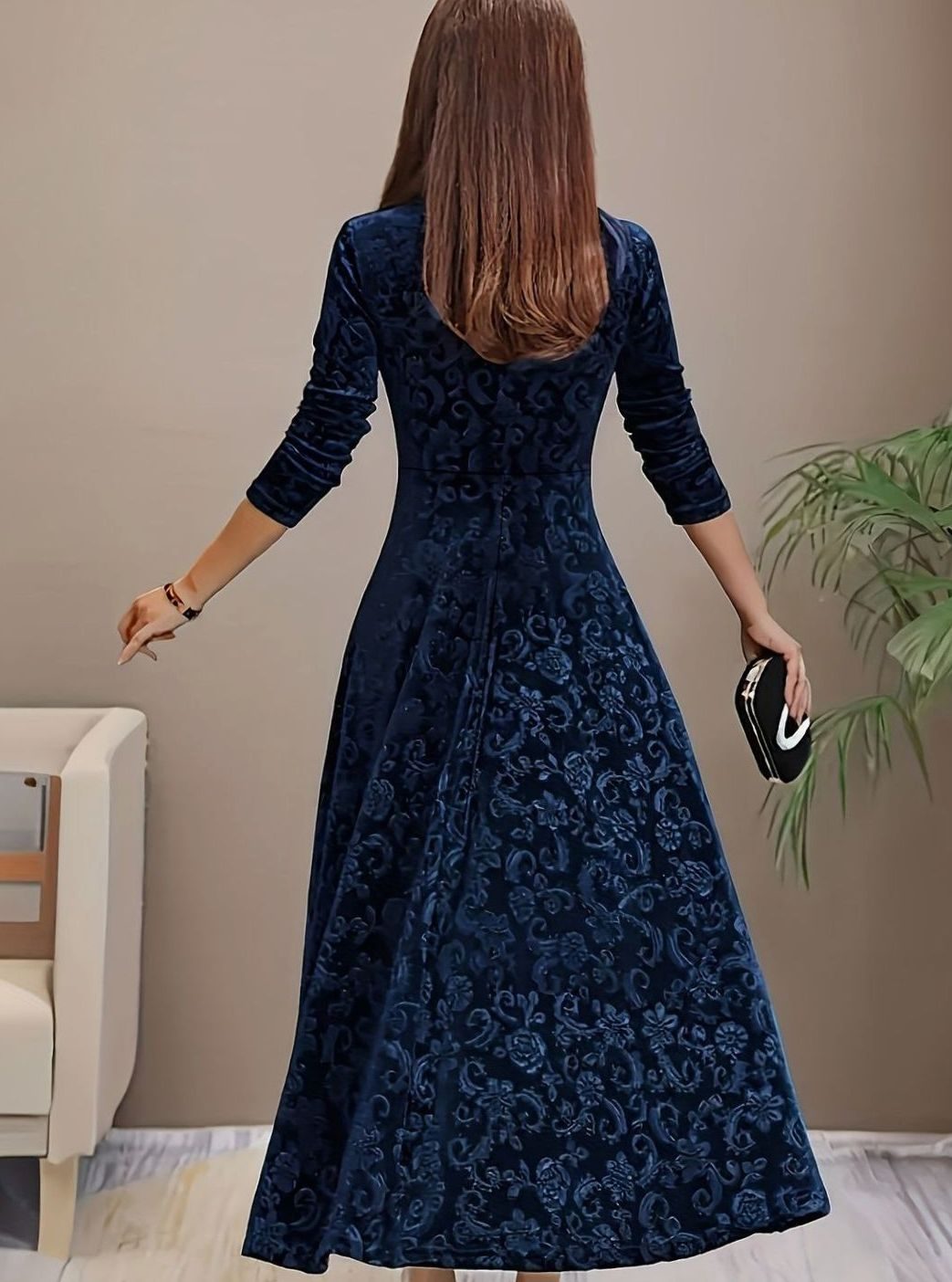 Josephine | Floral Embossed Square-Neck Velvet Dress for Holiday Parties