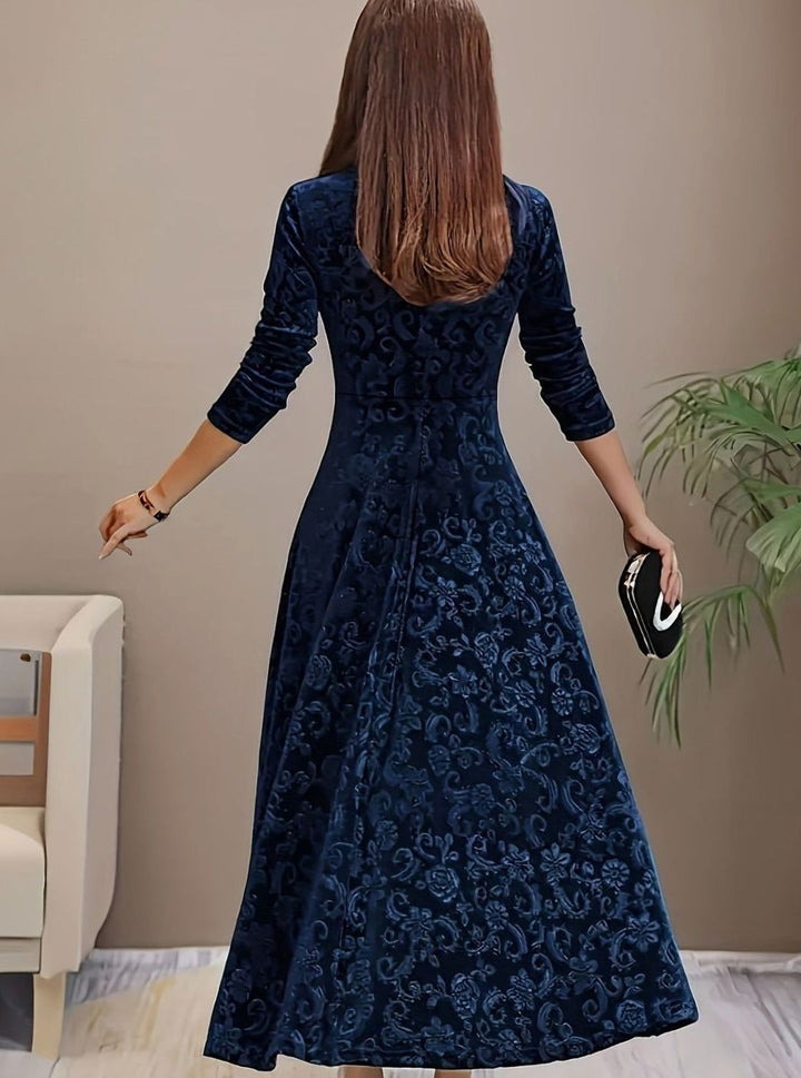 Josephine | Floral Embossed Square-Neck Velvet Dress for Holiday Parties