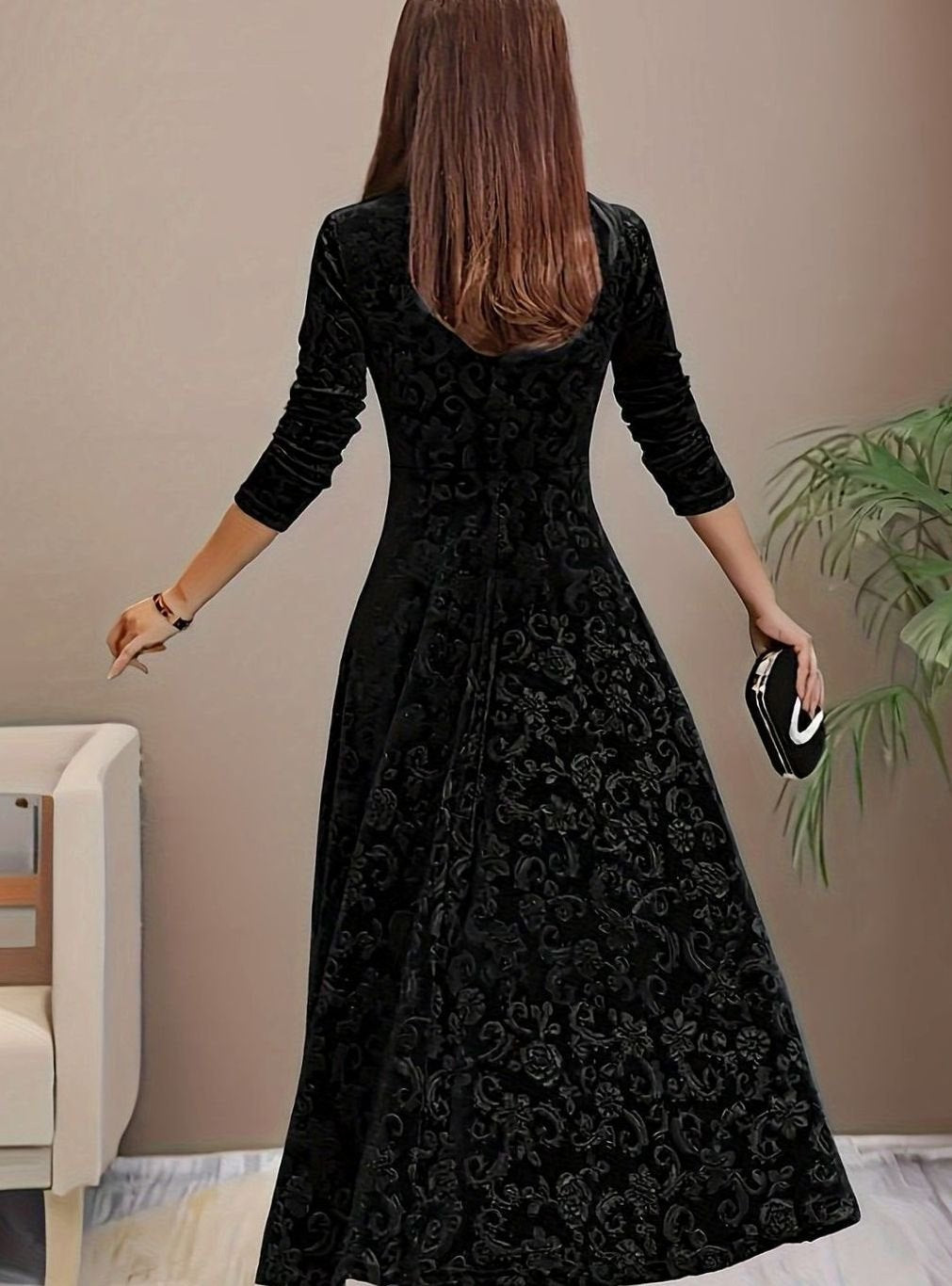 Josephine | Floral Embossed Square-Neck Velvet Dress for Holiday Parties