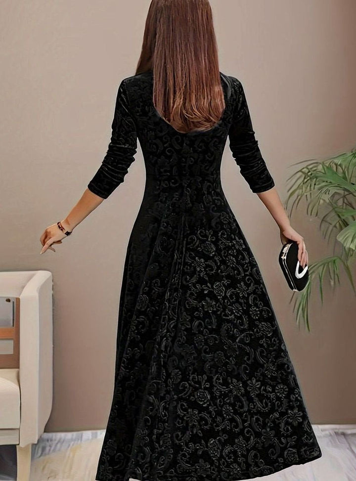 Josephine | Floral Embossed Square-Neck Velvet Dress for Holiday Parties