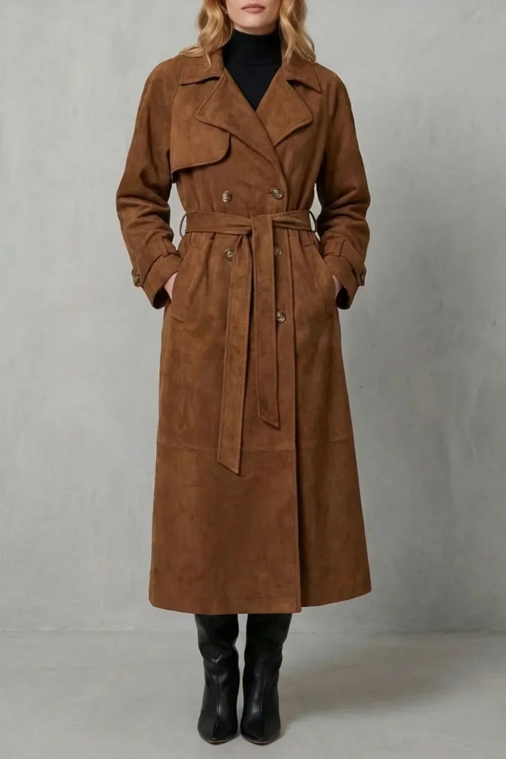 Laura | Belted Double-Breasted Suede Trench Coat for Fall
