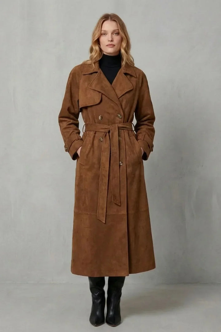 Laura | Belted Double-Breasted Suede Trench Coat for Fall