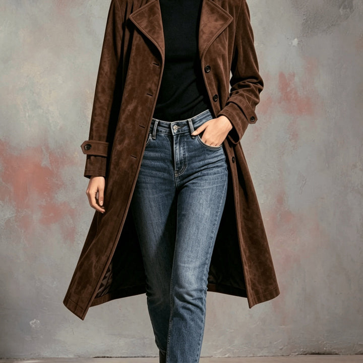 Monica | Wide-Lapel Suede Longline Trench Coat