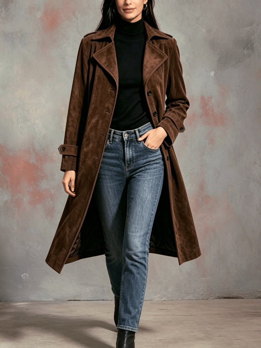 Monica | Wide-Lapel Suede Longline Trench Coat