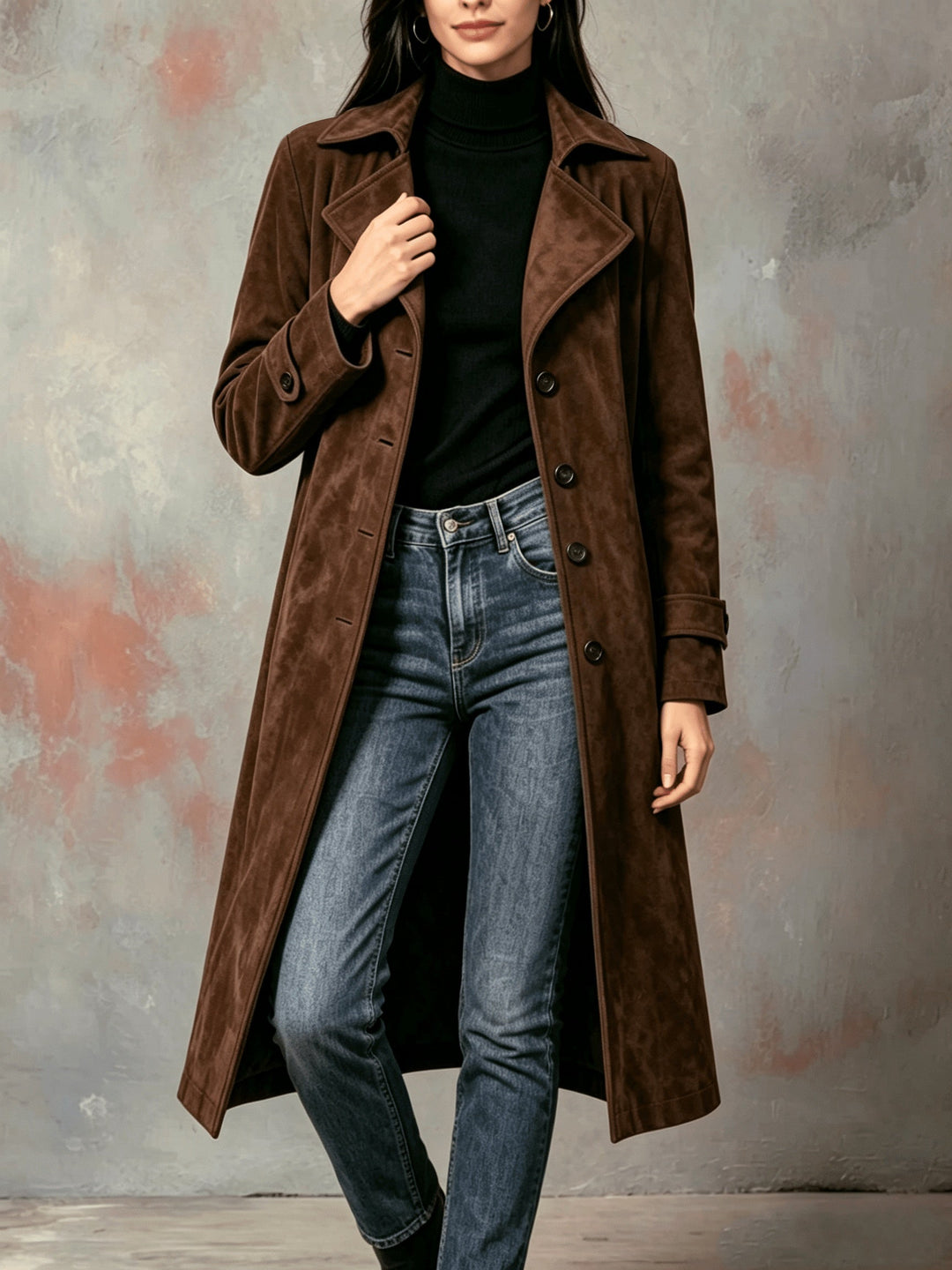 Monica | Wide-Lapel Suede Longline Trench Coat