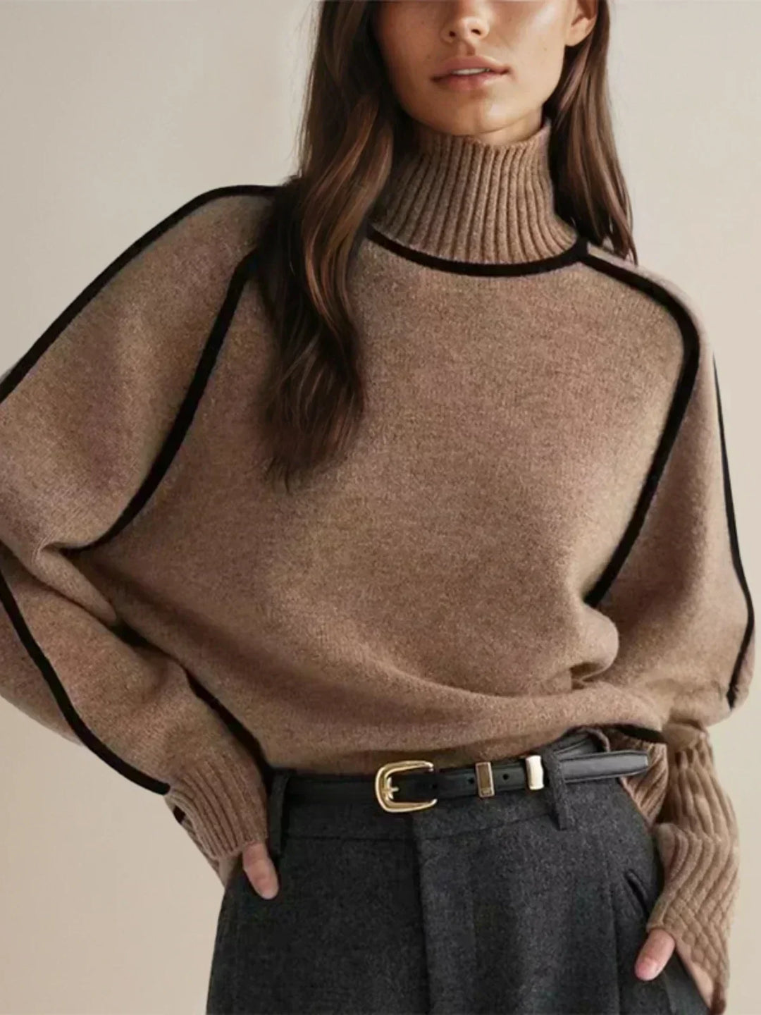 Meredith | Contrast-Piping Raglan Turtleneck Sweater
