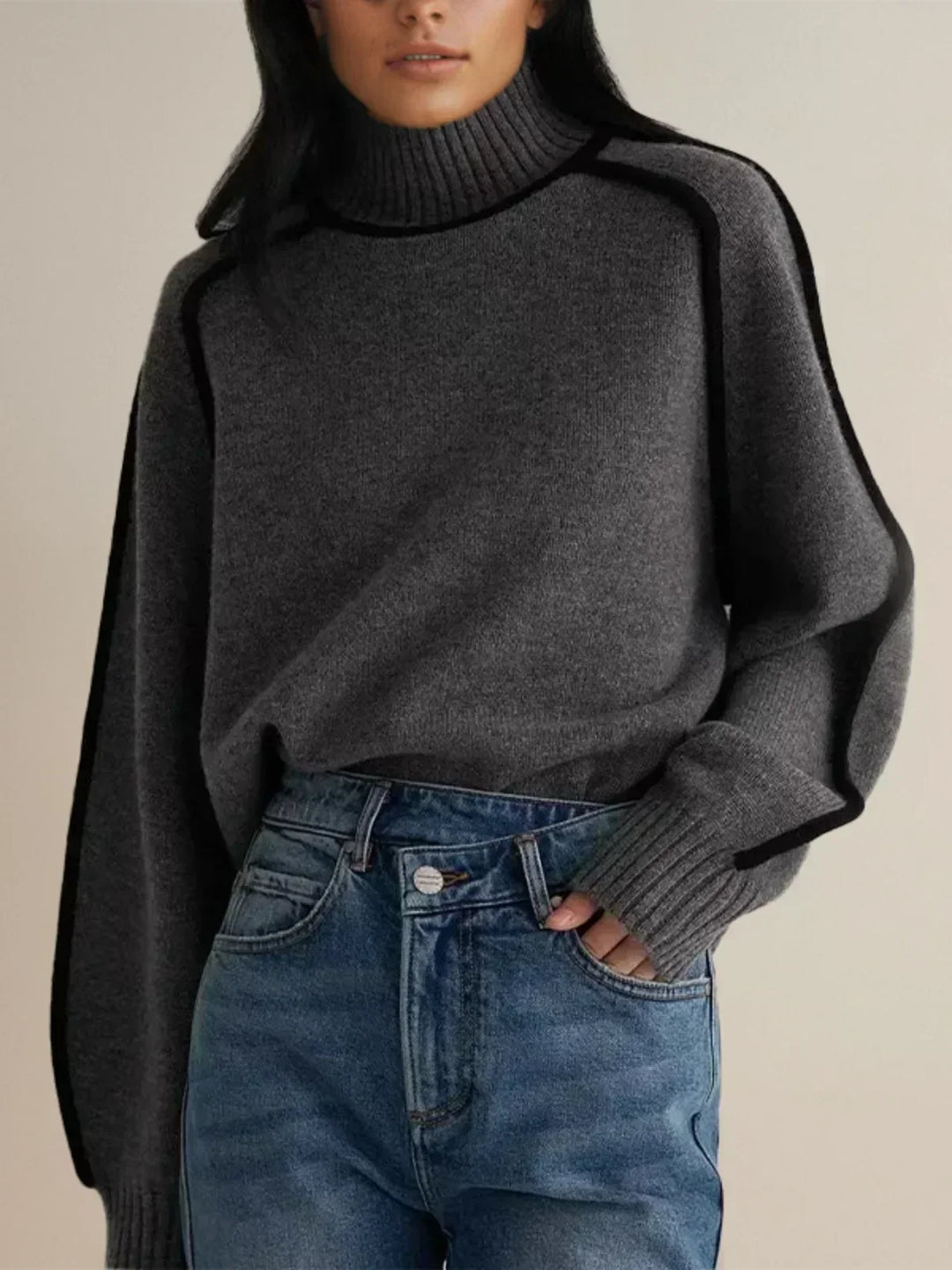 Meredith | Contrast-Piping Raglan Turtleneck Sweater