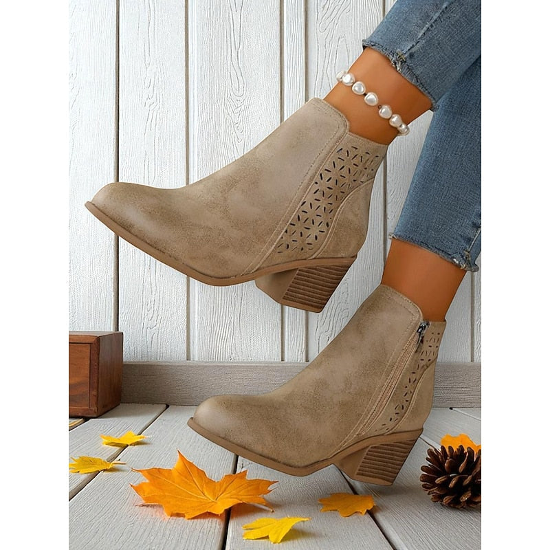 Lindsey | Floral Cut-Out Block-Heel Ankle Boots