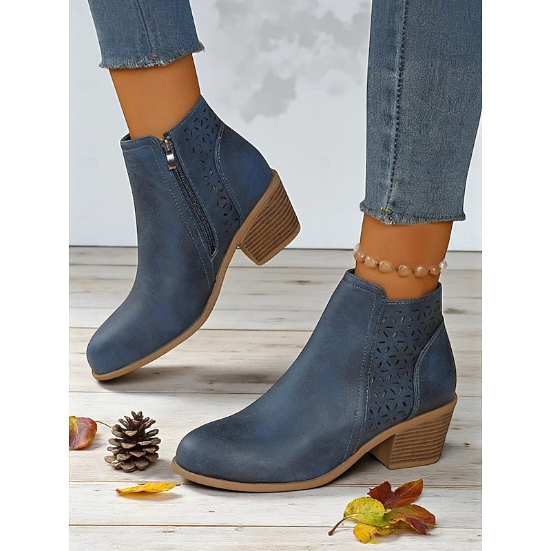 Lindsey | Floral Cut-Out Block-Heel Ankle Boots