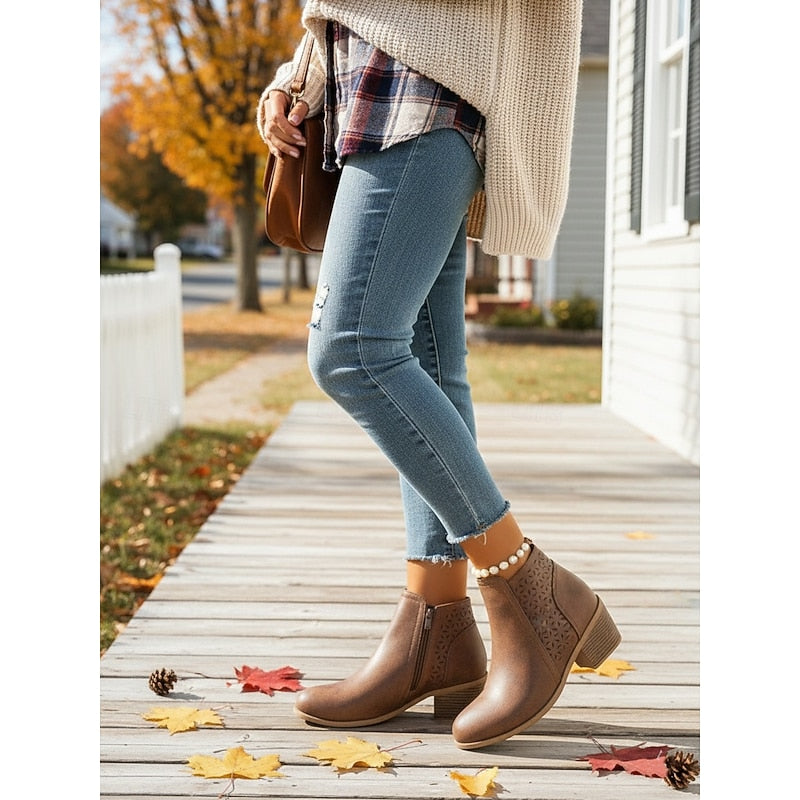 Lindsey | Floral Cut-Out Block-Heel Ankle Boots