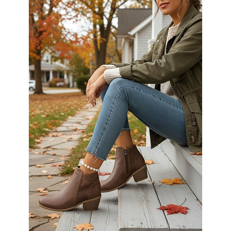 Lindsey | Floral Cut-Out Block-Heel Ankle Boots