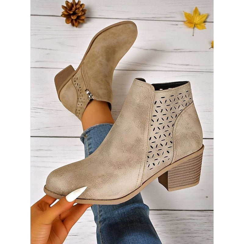 Lindsey | Floral Cut-Out Block-Heel Ankle Boots