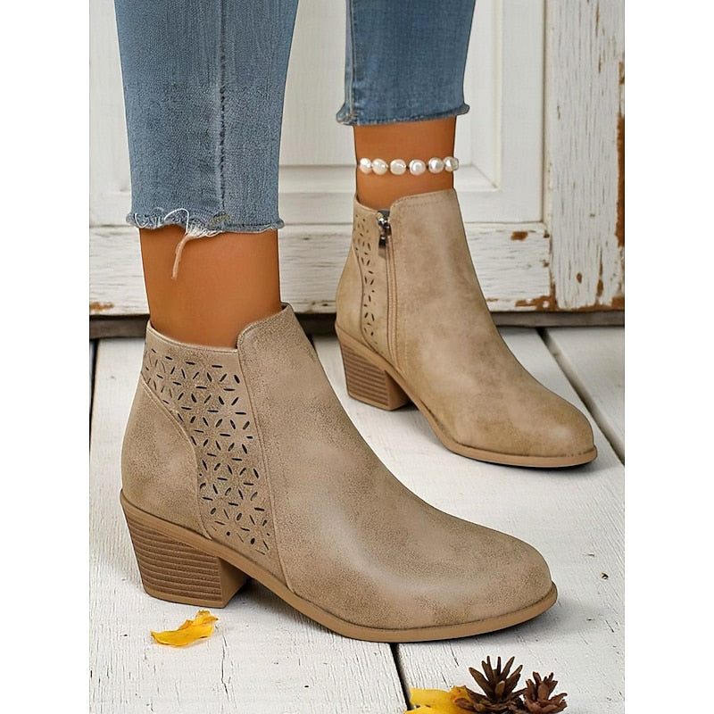 Lindsey | Floral Cut-Out Block-Heel Ankle Boots