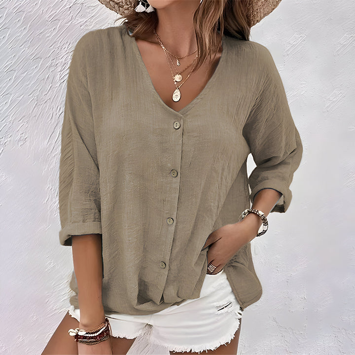 Marcia | V-Neck Roll-Sleeve Button-Front Blouse for Summer