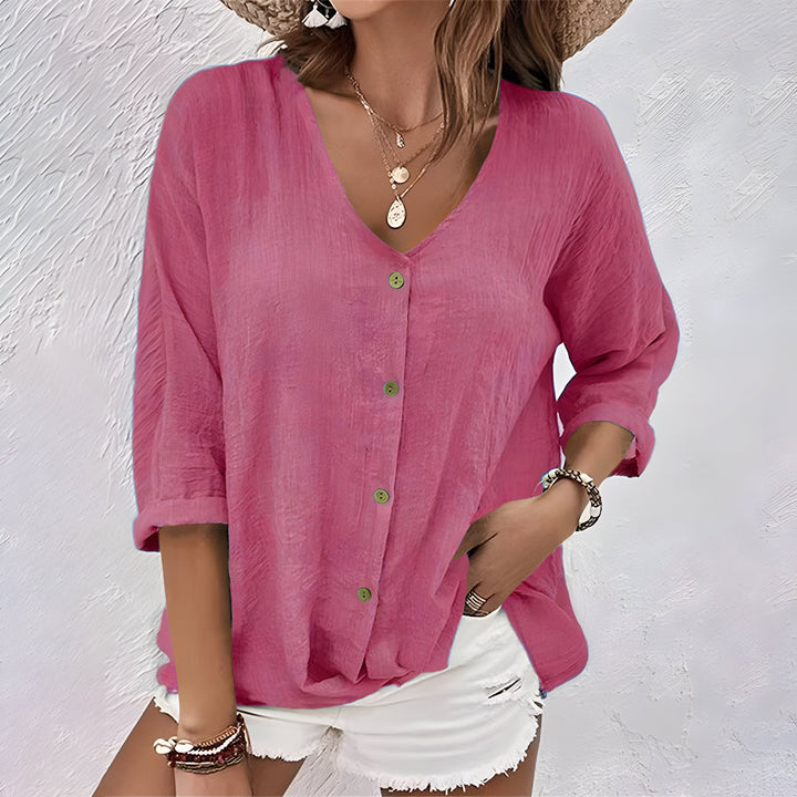 Marcia | V-Neck Roll-Sleeve Button-Front Blouse for Summer