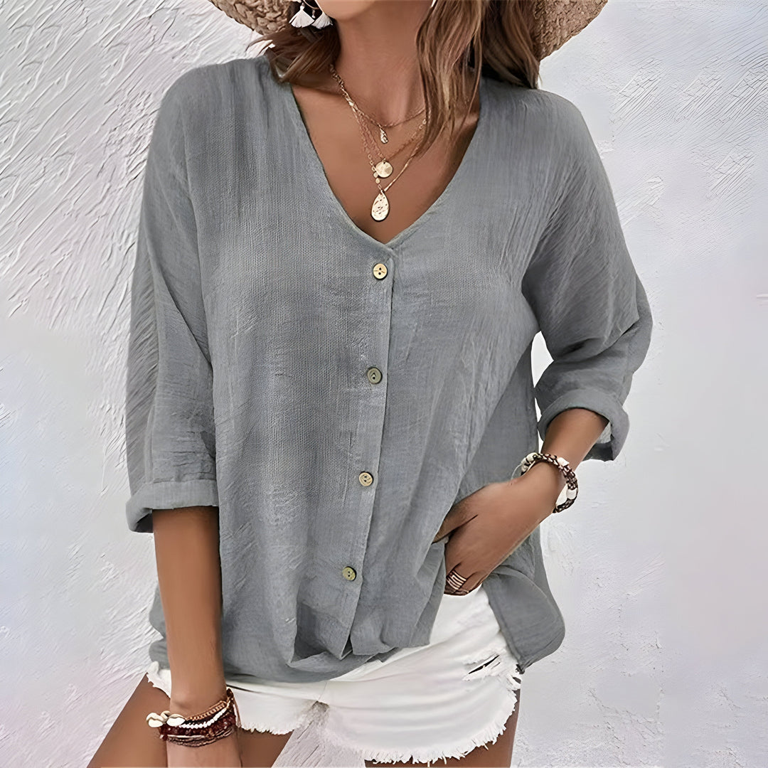 Marcia | V-Neck Roll-Sleeve Button-Front Blouse for Summer