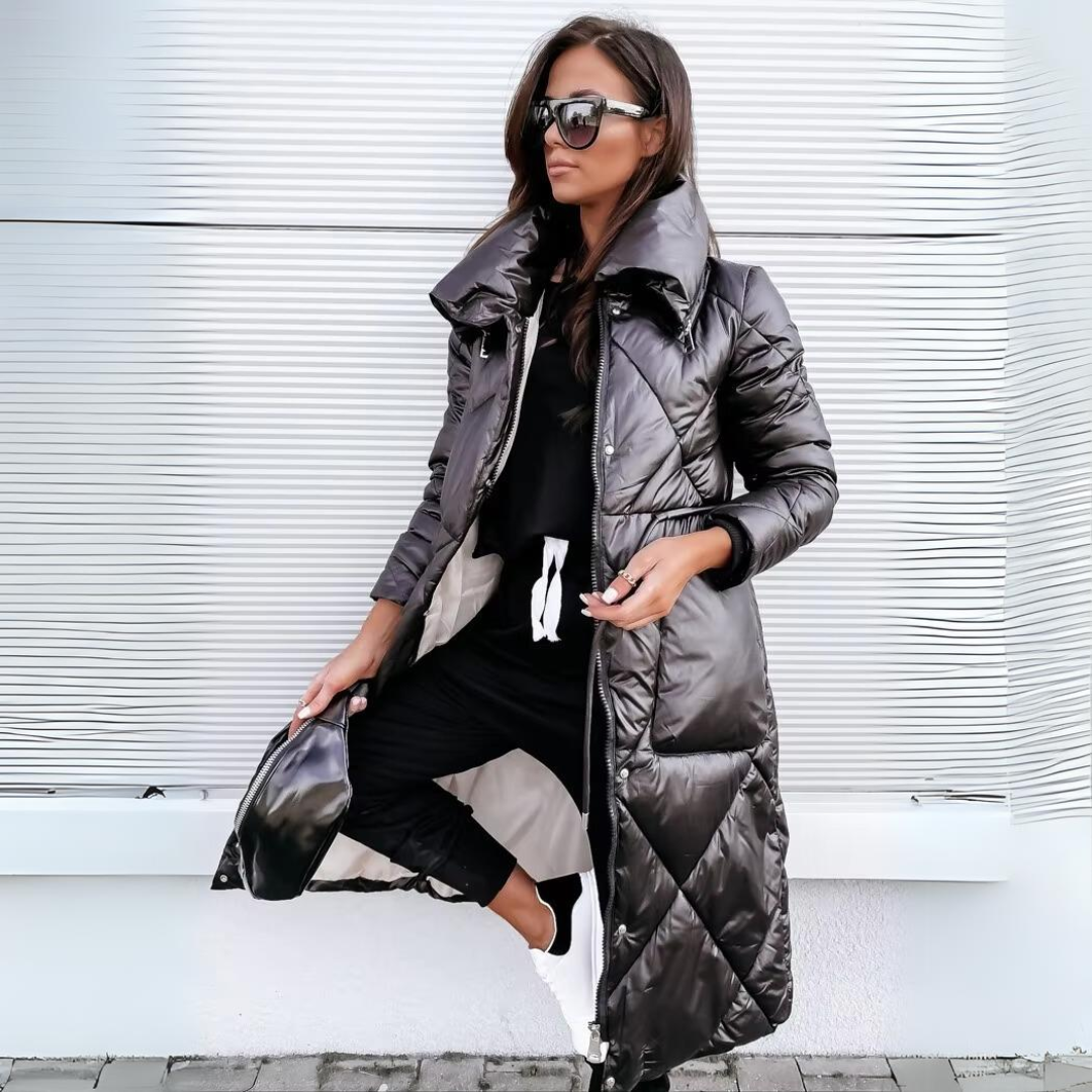 Tamara | Chevron-Quilted Oversized-Collar Longline Puffer Jacket