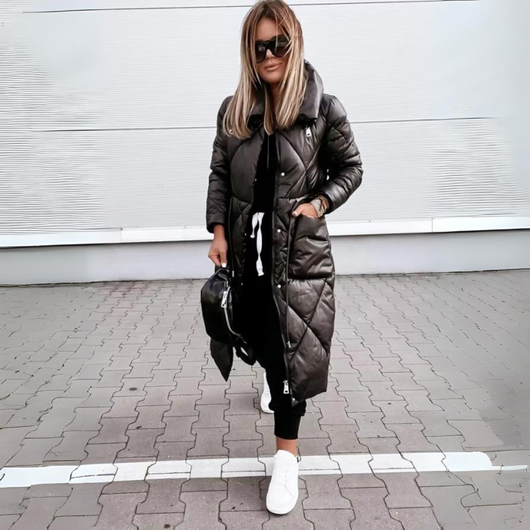 Tamara | Chevron-Quilted Oversized-Collar Longline Puffer Jacket