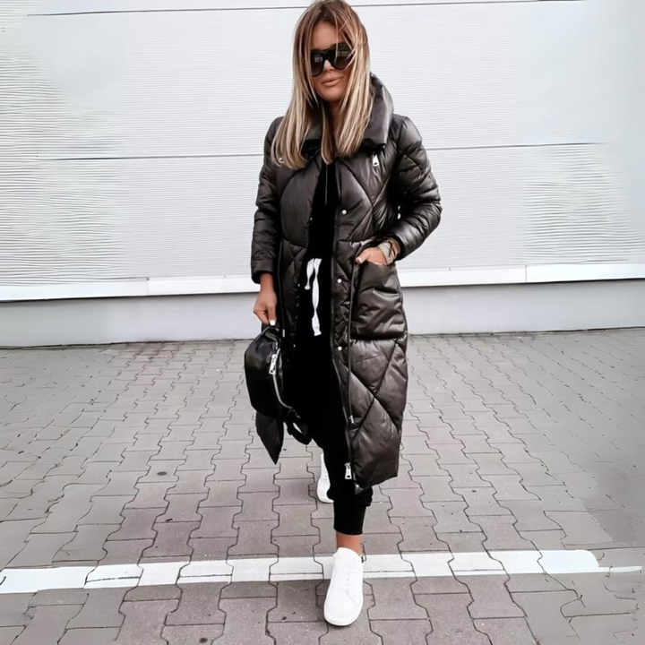 Tamara | Chevron-Quilted Oversized-Collar Longline Puffer Jacket