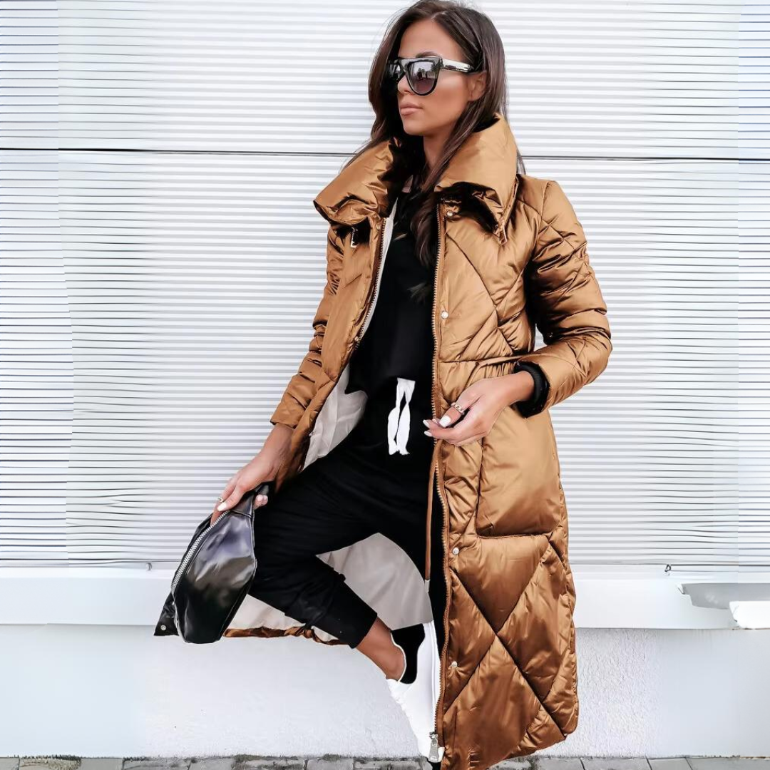 Tamara | Chevron-Quilted Oversized-Collar Longline Puffer Jacket