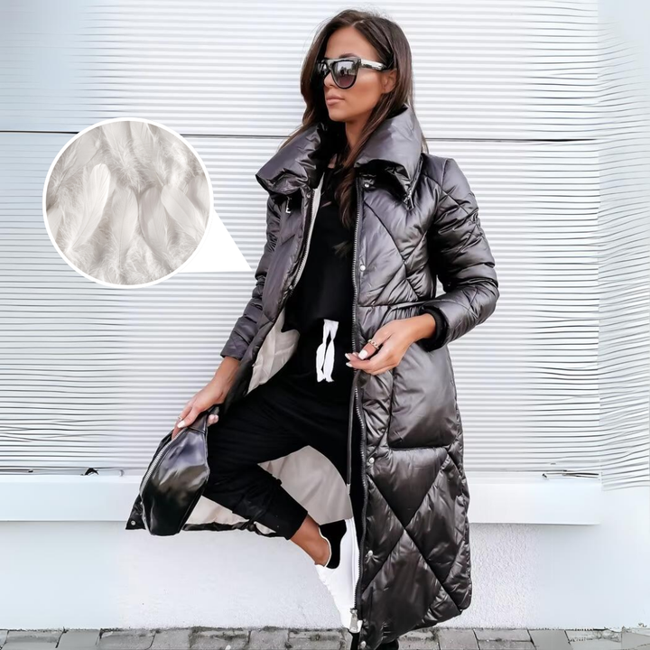 Tamara | Chevron-Quilted Oversized-Collar Longline Puffer Jacket