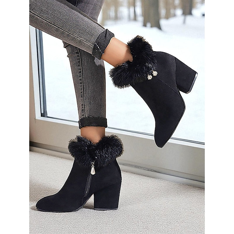 Tessa | Faux Fur-Trim Pointed-Toe Block-Heel Boots