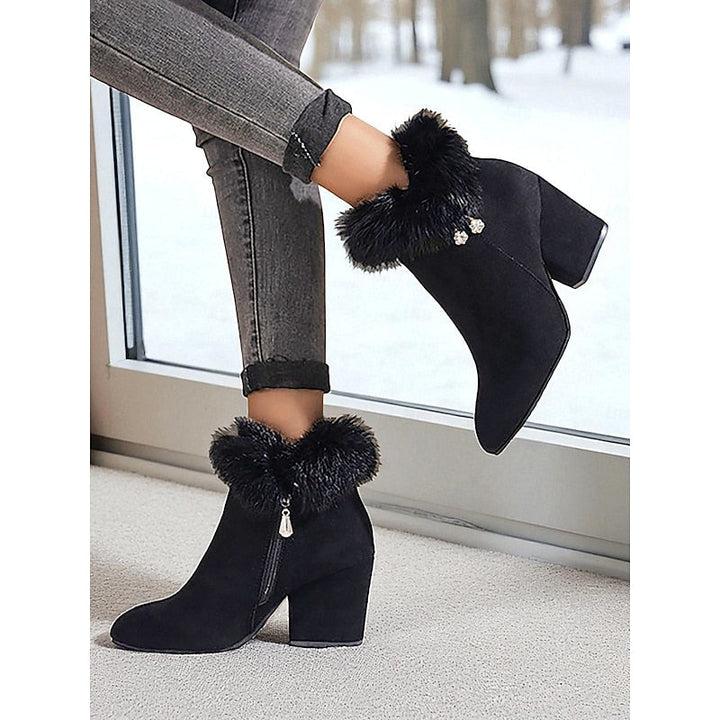 Tessa | Faux Fur-Trim Pointed-Toe Block-Heel Boots