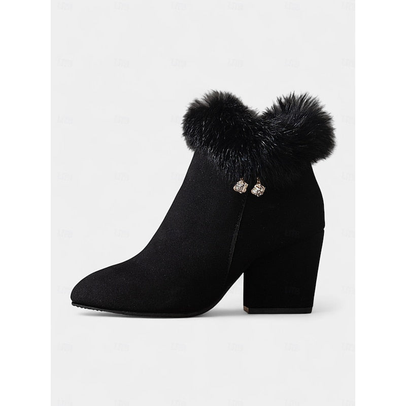 Tessa | Faux Fur-Trim Pointed-Toe Block-Heel Boots