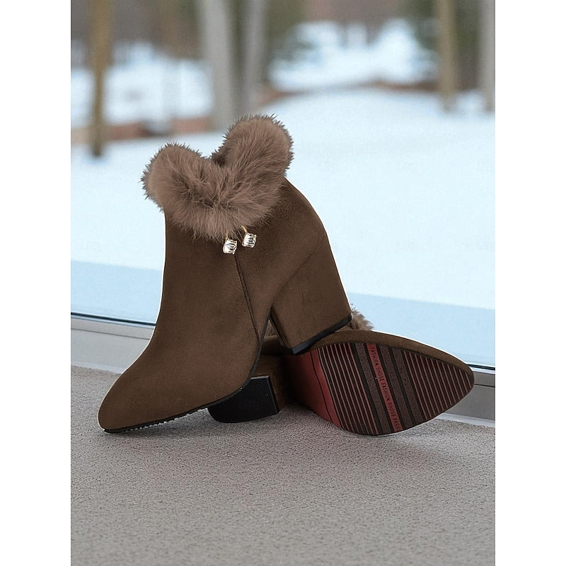 Tessa | Faux Fur-Trim Pointed-Toe Block-Heel Boots