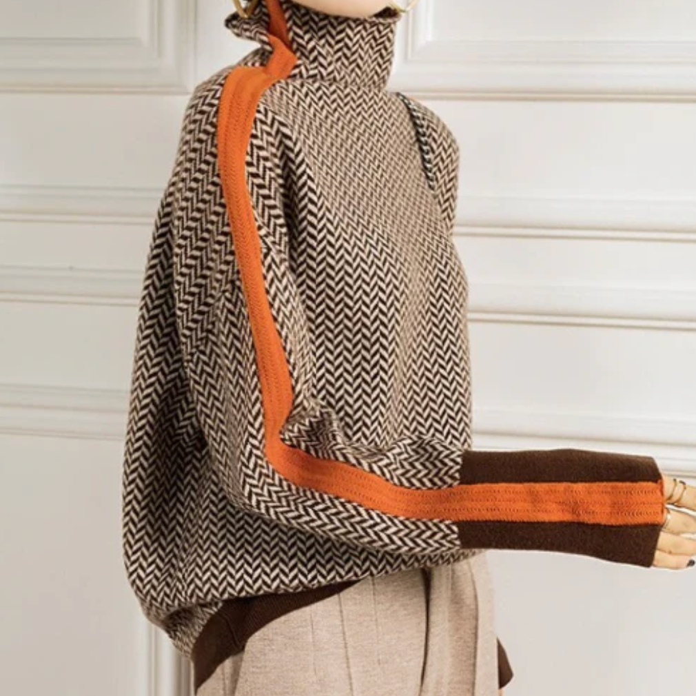 Tiffany | Contrast-Trim Herringbone Turtleneck Sweater