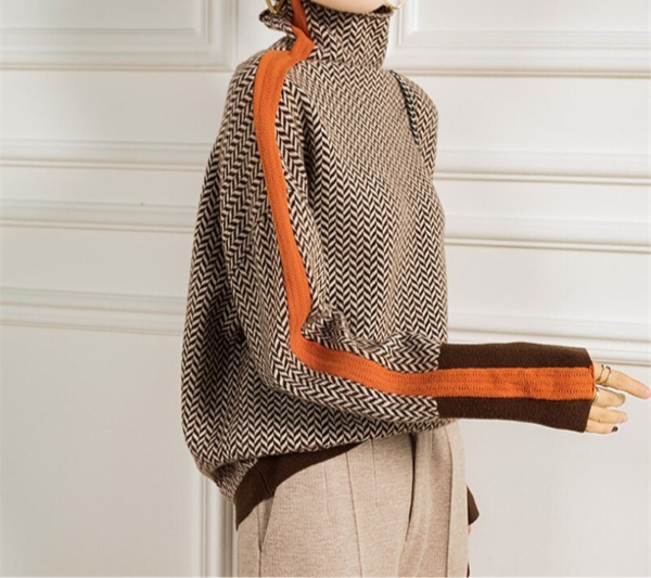 Tiffany | Contrast-Trim Herringbone Turtleneck Sweater