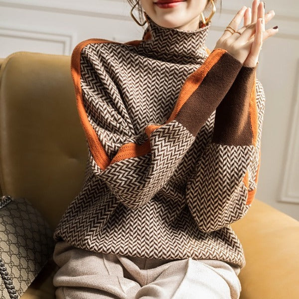 Tiffany | Contrast-Trim Herringbone Turtleneck Sweater