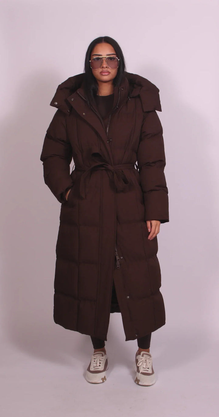 Teresa | Belted Maxi Hooded Puffer Coat for Winter