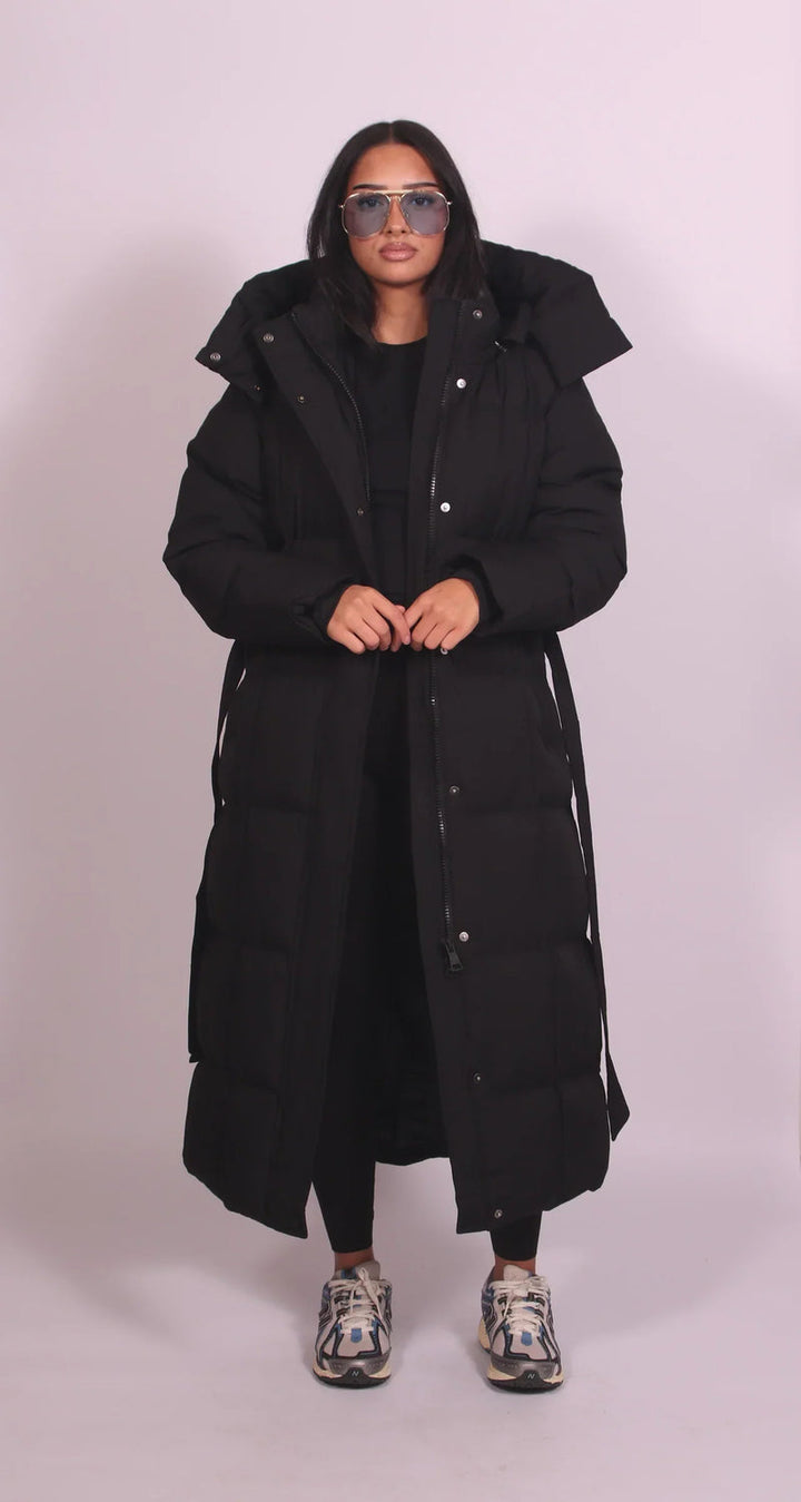 Teresa | Belted Maxi Hooded Puffer Coat for Winter