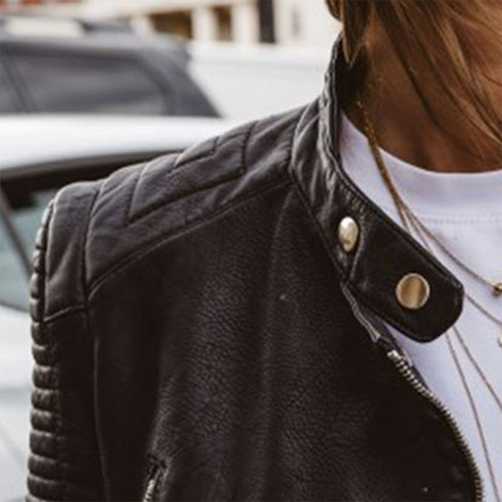 Tara | Quilted-Sleeve Faux-Leather Moto Jacket