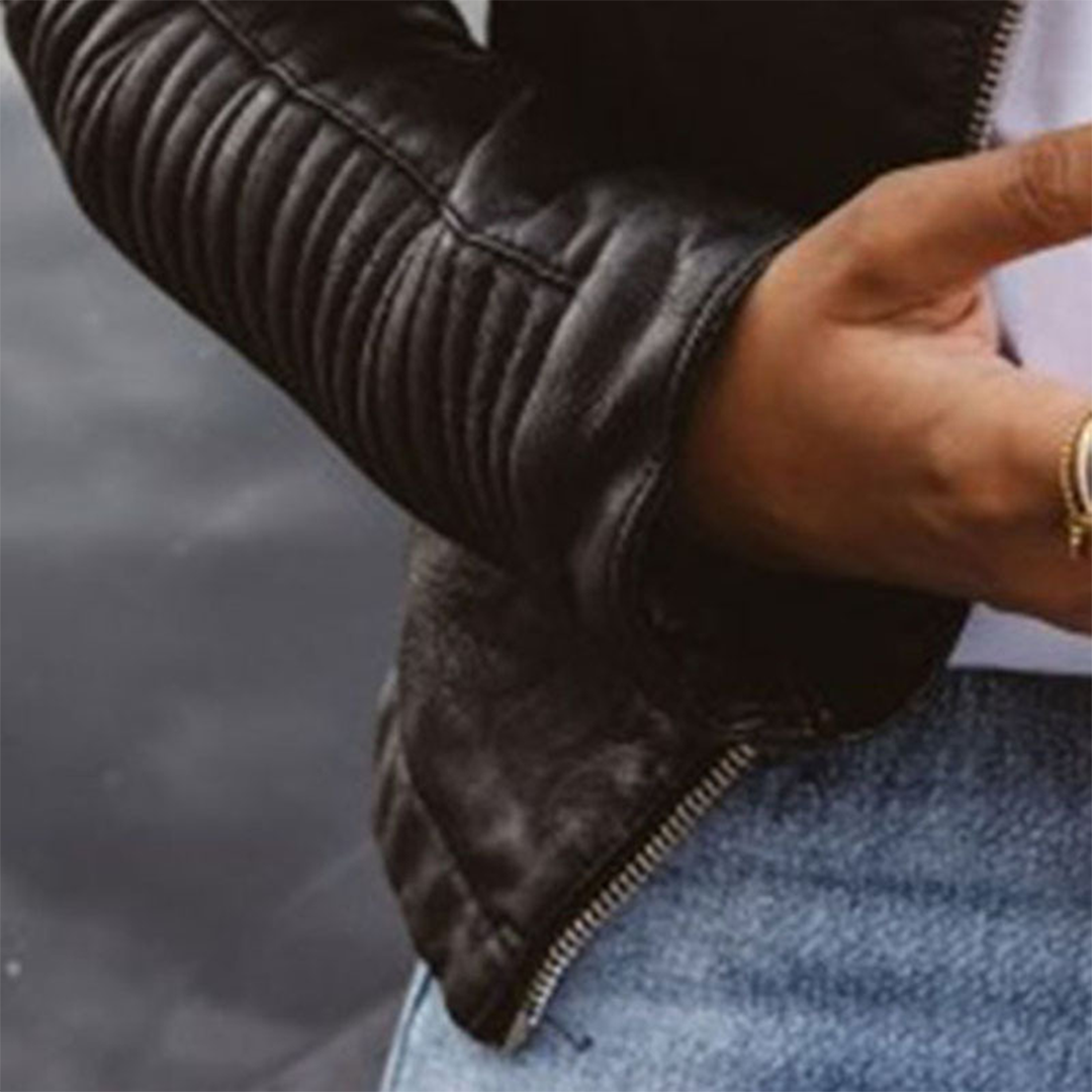 Tara | Quilted-Sleeve Faux-Leather Moto Jacket