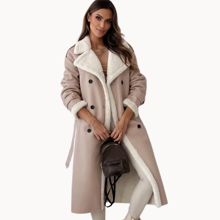 Leah | Sherpa-Lined Double-Breasted Long Trench Coat for Winter
