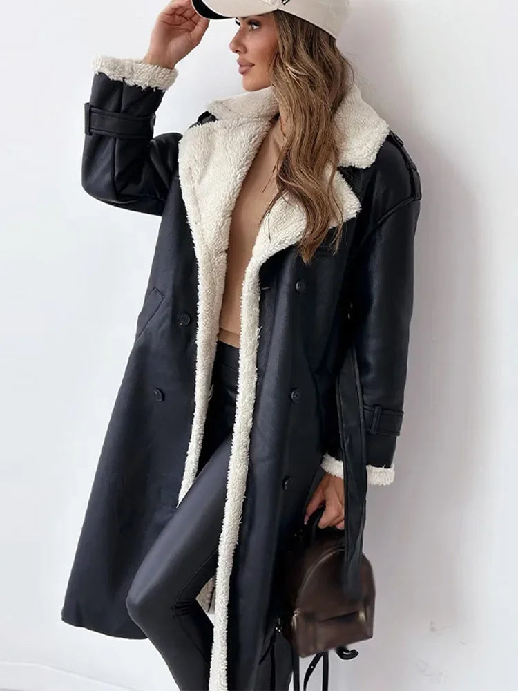 Leah | Sherpa-Lined Double-Breasted Long Trench Coat for Winter