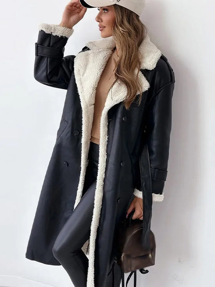 Leah | Sherpa-Lined Double-Breasted Long Trench Coat for Winter