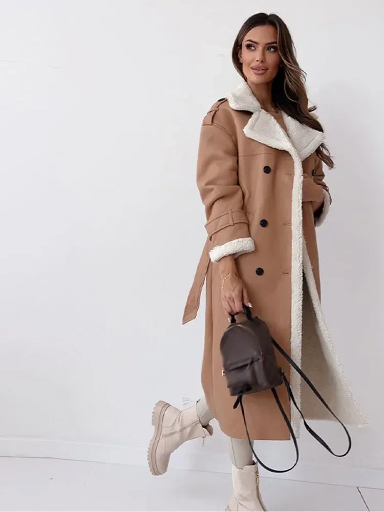Leah | Sherpa-Lined Double-Breasted Long Trench Coat for Winter