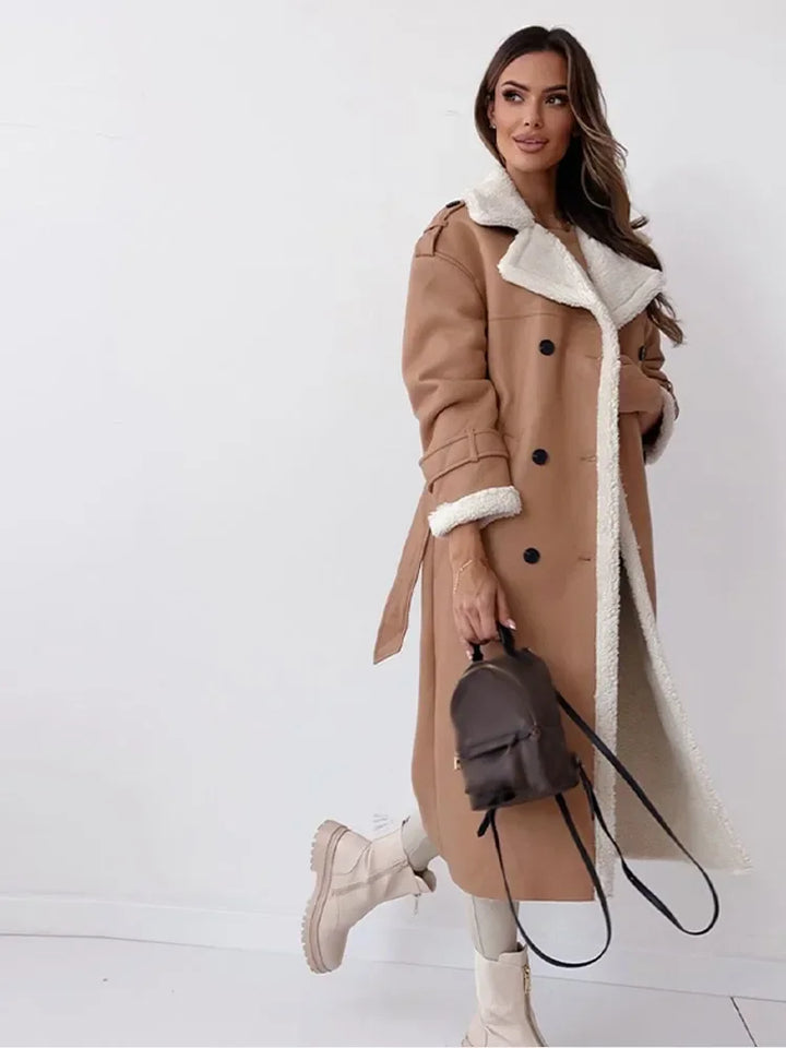 Leah | Sherpa-Lined Double-Breasted Long Trench Coat for Winter