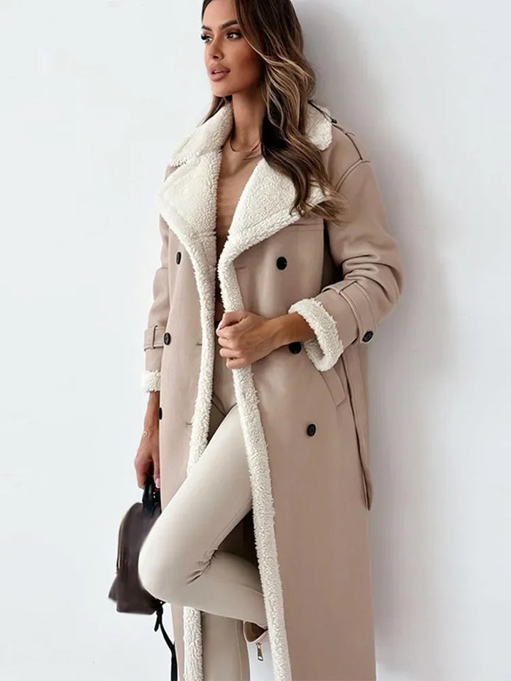 Leah | Sherpa-Lined Double-Breasted Long Trench Coat for Winter