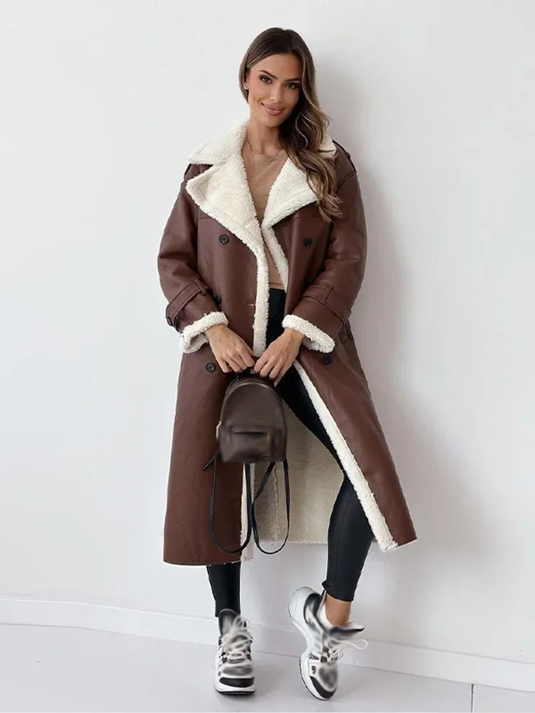 Leah | Sherpa-Lined Double-Breasted Long Trench Coat for Winter