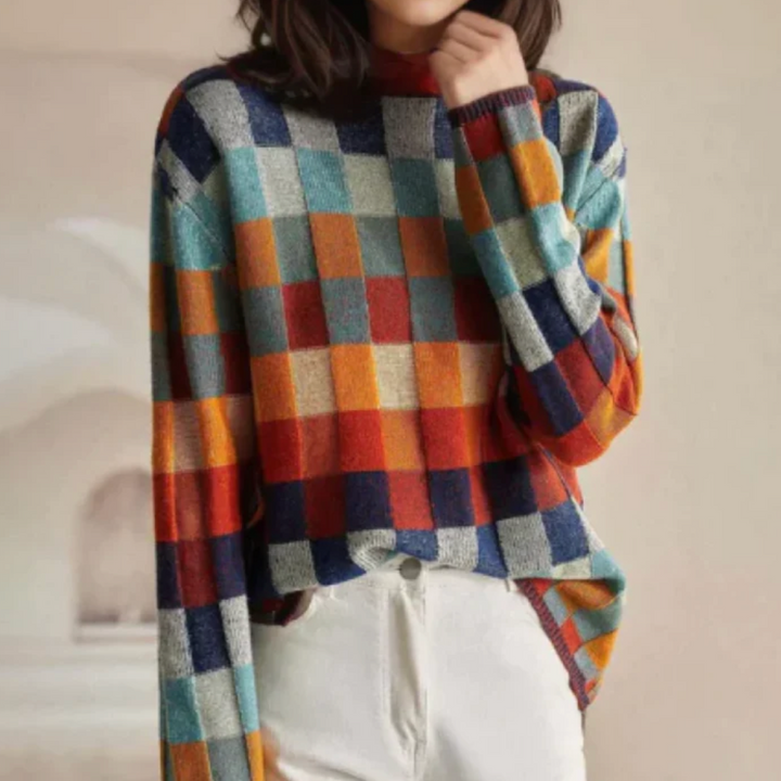 Kristina | Retro Check Colorblock Mock-Neck Sweater